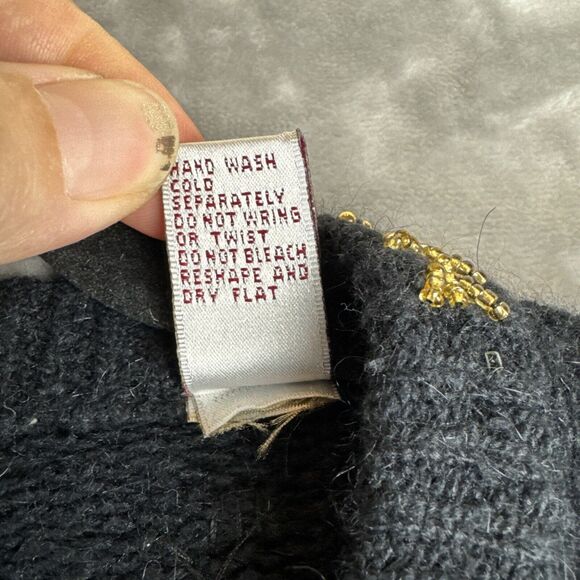 Karen Scott Silk Angora Cardigan Sweater Womens L Black Gold Bead Holiday (1052) - Picture 4 of 11